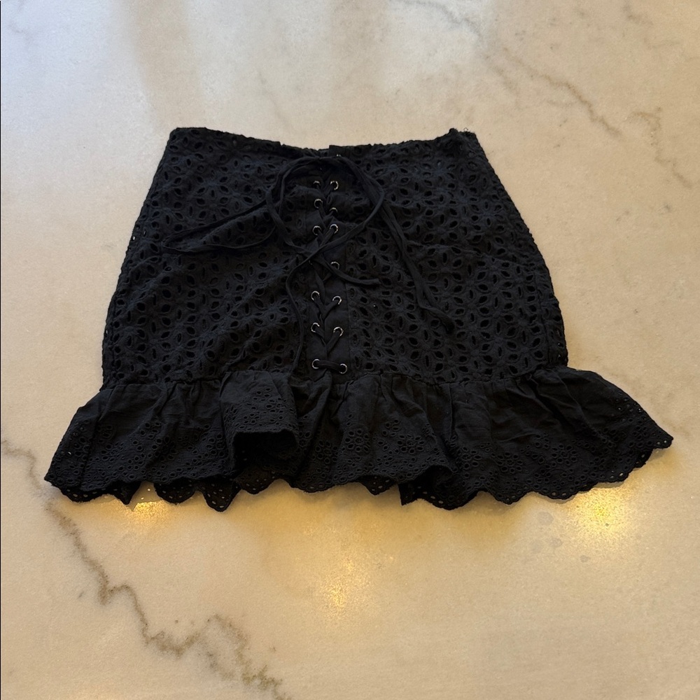 Eyelet Lace-Up Ruffle Mini Skirt - Black